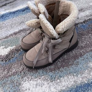 Women Blondo Taupe Lace-Up Sherpa Ankle Booties